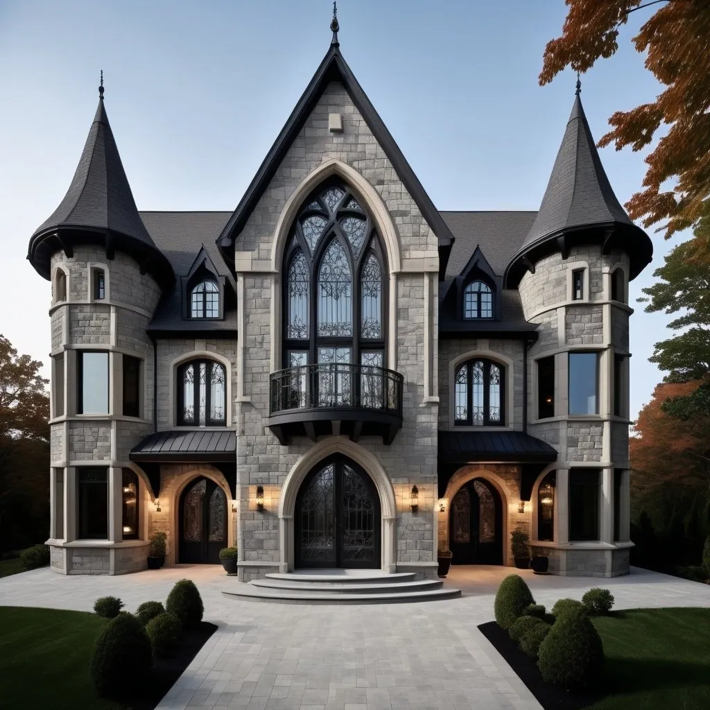 Prompt: Modern gothic castle with cinderblock construction, generous casement windows, French doors, balconies, high aesthetic, detailed, highres, detailed, gothic, modern, three-story, professional, atmospheric lighting, intricate design, detailed textures, dramatic contrast, dark tones, skilled craftsmanship, detailed stonework, impressive architecture, detailed masonry