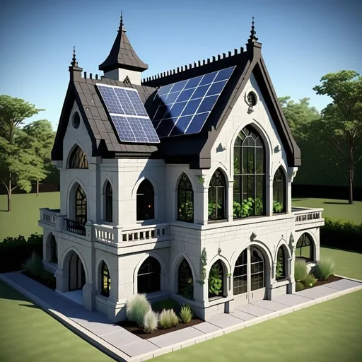 Prompt: 3-story cinderblock castle with greenhouse, solar panels, flat walkable roof, and gothic accents, high quality, realistic, gothic architecture, rectangular structure, buttresses, parapets, large balcony, casement windows, garage doors, french doors, decorative elements, solar-powered, lush rooftop greenhouse, detailed masonry, solar panels, realistic lighting, professional, atmospheric ambiance