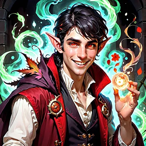 Prompt: Young male sorcerer with glowing red eyes, pallor white skin, straight black hair, elf ears, regal red cloak, floral double-breasted waistcoat with gold buttons, magic in hand, friendly smile, sharp jagged teeth like a reptile, high quality, detailed, fantasy, D&D, regal, dark tones, magical, intense lighting