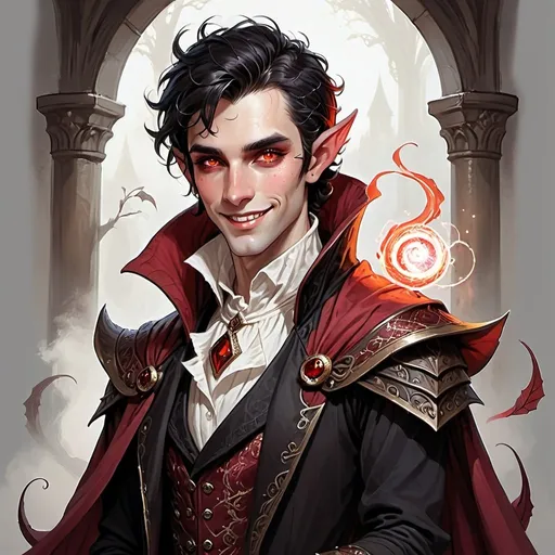 Prompt: Handsome male draconic sorcerer, red glowing eyes with black eyeliner, pale white skin, straight black hair, wearing a richly adorned red cape cloak, double-breasted waistcoat, white shirt sleeves with ruffle cuffs, friendly smile with sharp pointed teeth, detailed fantasy illustration with regal and magical vibes, dark tones, elf ears, high quality, detailed, D&D, fantasy, regal, magical, dark tones