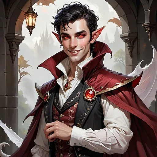 Prompt: Handsome male draconic sorcerer, red glowing eyes with black eyeliner, pale white skin, straight black hair, wearing a richly adorned red cape cloak, double-breasted waistcoat, white shirt sleeves with ruffle cuffs, friendly smile with sharp pointed teeth, detailed fantasy illustration with regal and magical vibes, dark tones, elf ears, high quality, detailed, D&D, fantasy, regal, magical, dark tones