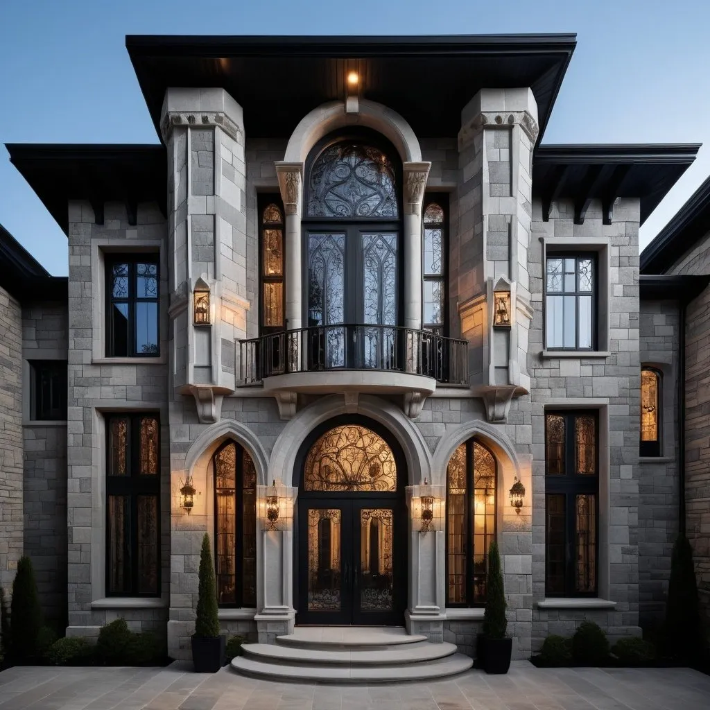 Prompt: Modern take on a castle palace with cinderblock construction, generous casement windows, French doors, balconies, high aesthetic, detailed, highres, detailed, gothic, modern, three-story, professional, atmospheric lighting, intricate design, detailed textures, dramatic contrast, dark tones, skilled craftsmanship, detailed stonework, impressive architecture, detailed masonry