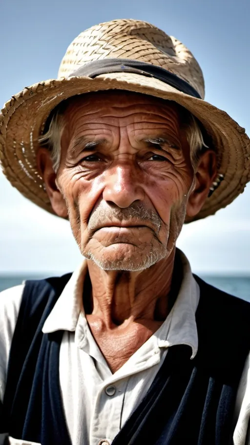 Prompt: Here's the "A realistic photographic portrait of an elderly fisherman, inspired by the character Santiago from Ernest Hemingway's 'The Old Man and the Sea.' The man has a weathered face with deep wrinkles and piercing eyes that reflect wisdom and determination. He wears an old straw hat and a white shirt worn out by the sun and sea. His skin is tanned from the sun, and his hands are calloused, showing a life spent fishing. In the background, a small wooden boat with fishing gear can be seen, bathed in the warm, golden light of the sunset. The fisherman's expression is serene yet intense, as if waiting for something important. The image captures the essence of a simple and hard life, filled with respect for the sea."