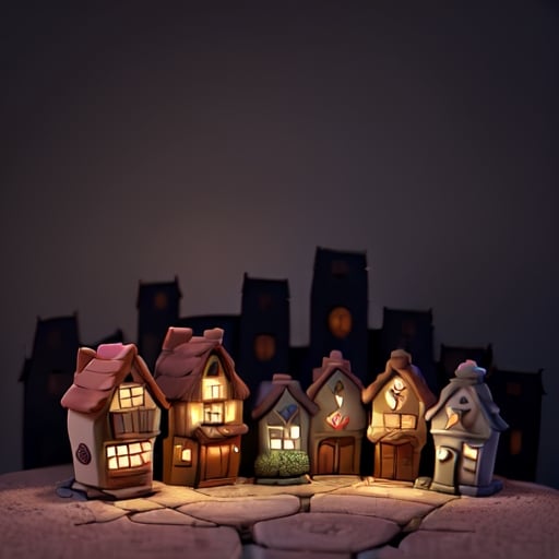 Prompt: Looking at small old houses crammed together, all lined up on a small cobble street. Clay. Miniature. Dark colors. Night time. 