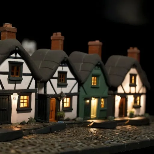 Prompt: 1700's. old cottages crammed together, all lined up on a small cobble street. Dark Colors. Night time. Clay. Miniature.