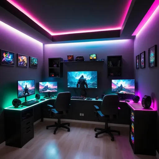 Prompt: a gaming room whit 2 medium windows on the top of wall. and involved RGB light and a desk for computer and shelf for game console.