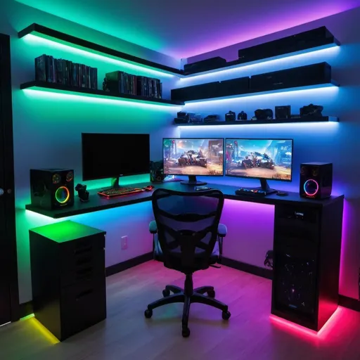 Prompt: a gaming room involved RGB light and a desk for computer and shelf for game console.