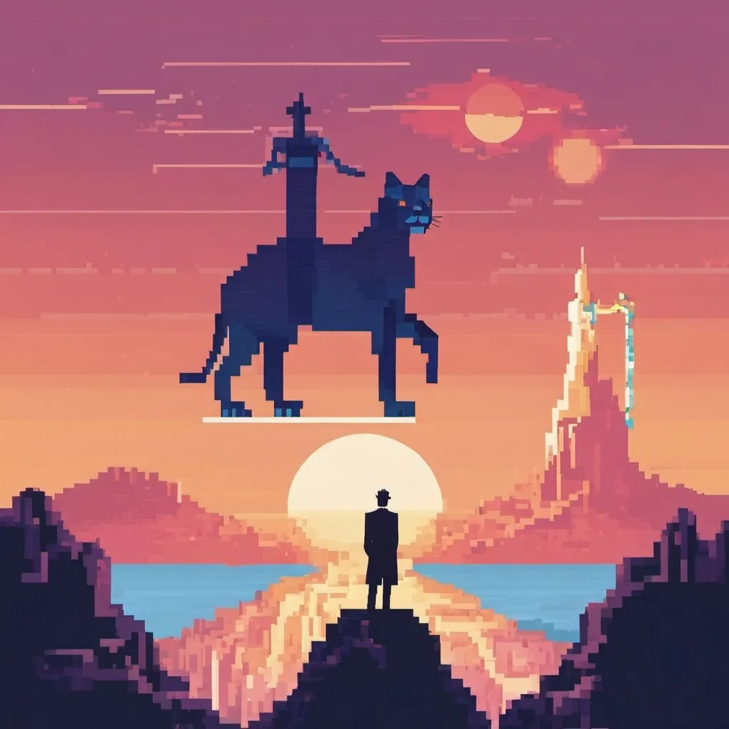 Prompt: a man standing on top of a horse in front of a sunset with a castle in the background and a man on a horse, Chris LaBrooy, pixel art, 2 d game art, pixel art