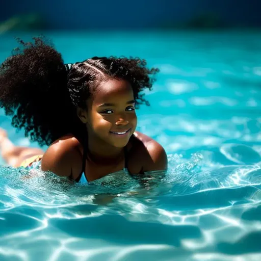Prompt: a black girl swimming in a silky blue hair ocean
