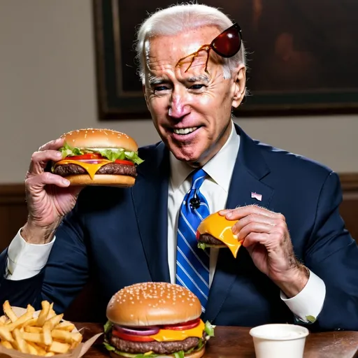 Prompt: joe biden eating a cheeseburger from burger king