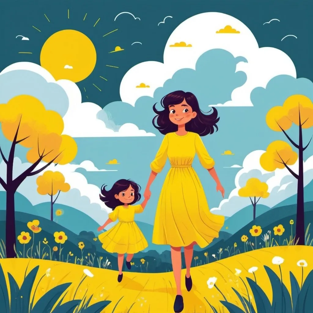 Prompt: 2d flat art, a woman in a yellow dress, vector art, cloudy day, cover art, bright colors, cute illustration add 3 children around playing
