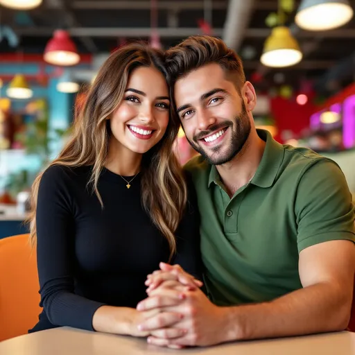 Prompt: Seated close together in a vibrant, stylish indoor environment, a young couple radiates warmth and affection. The woman, with long, wavy hair and a radiant smile, wears a fitted black top, while the man, dressed in a green polo, leans in companionably, resting his head against hers. Their hands are intertwined in front of them, showcasing intimacy, and a playful heart emoji adds a touch of whimsy to the scene. Bright overhead lights and colorful decor create an energetic atmosphere, suggesting they are enjoying a casual outing, basking in the joy of each other’s company.