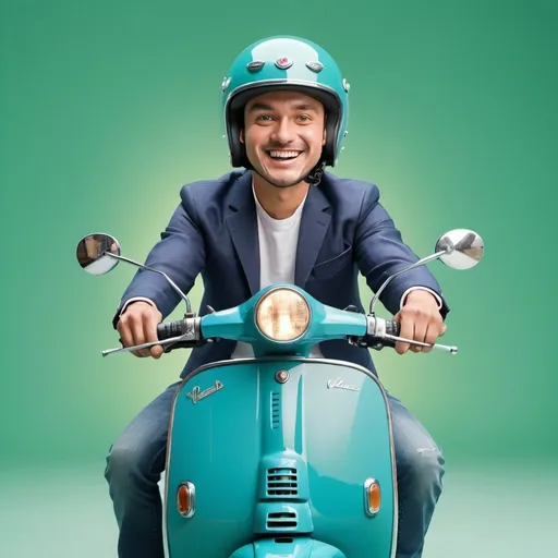 Prompt: 4D of a man riding a blue Vespa motorbike,smile, wearing a helmet, the motorbike facing the front of the camera, face view, green gradient background