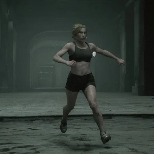 Prompt: Silent hill 3 graphics, heather mason running away from otherworld monster, dolphin scan lines 