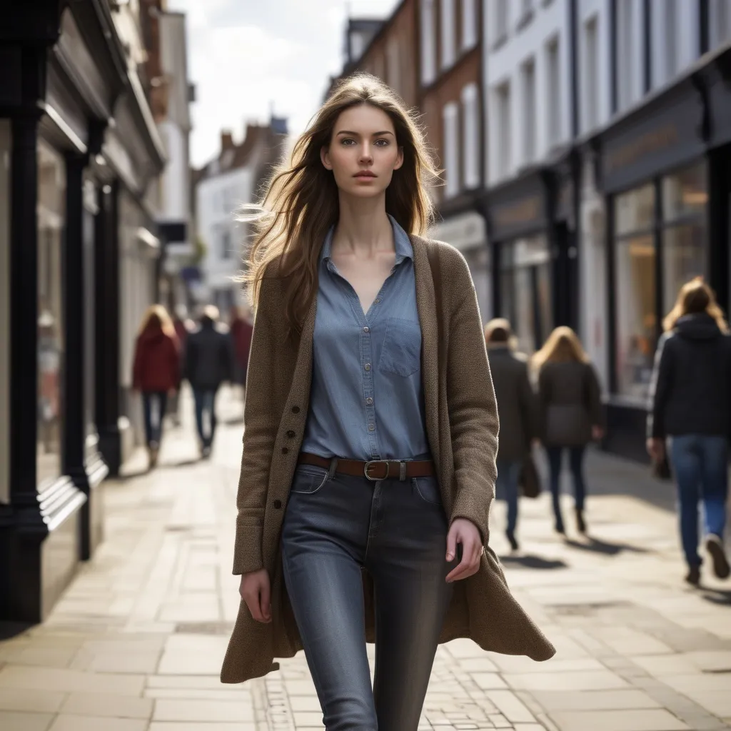 Prompt: Tall young woman walking down the high street, detailed clothing, realistic, natural lighting