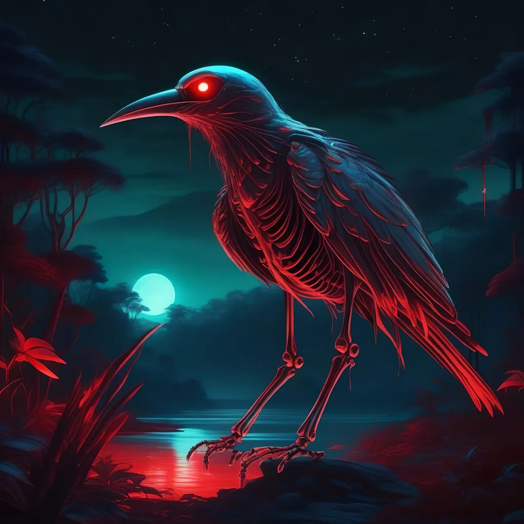 Prompt: A mythical bioluminescent skeleton of a bird that is glowing, evil, scary, creepy, terrifying, dripping red rainforest, huge blood moon, beneath the stars, highres, best quality, concept art