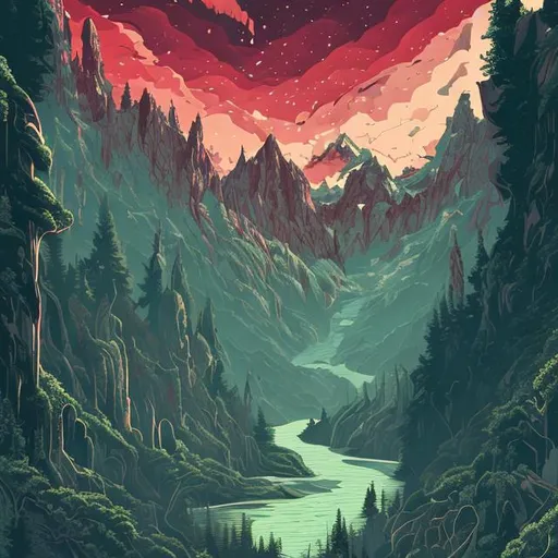 Prompt: Washington state, mountains, hyperdetailed, proportional, romantic, enchanting, achingly beautiful, graphic print, trending on art station, Gravity Falls style, lots of green