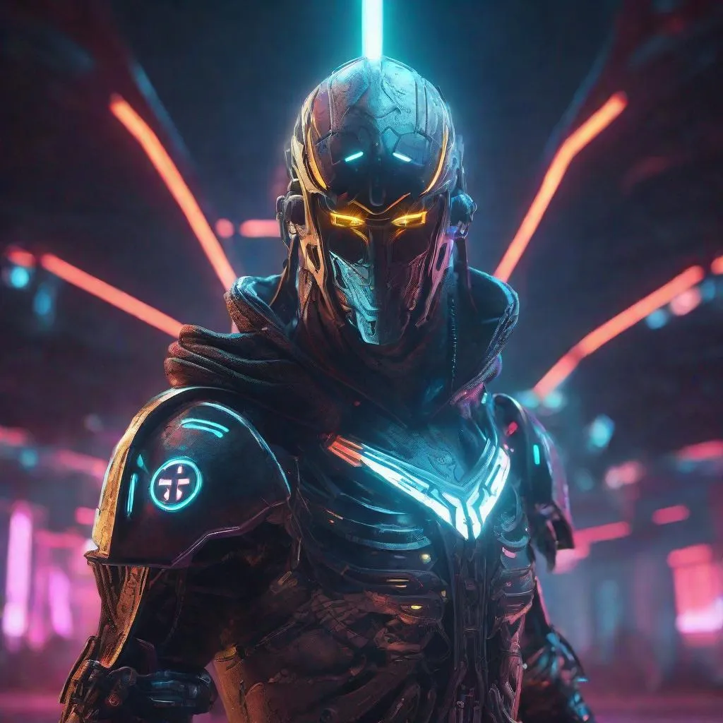 Prompt: realistic templar cyborg in a futuristic arena, glowing cross on chest, energy sword, highres, intricate detail neon cyberpunk bounty hunter