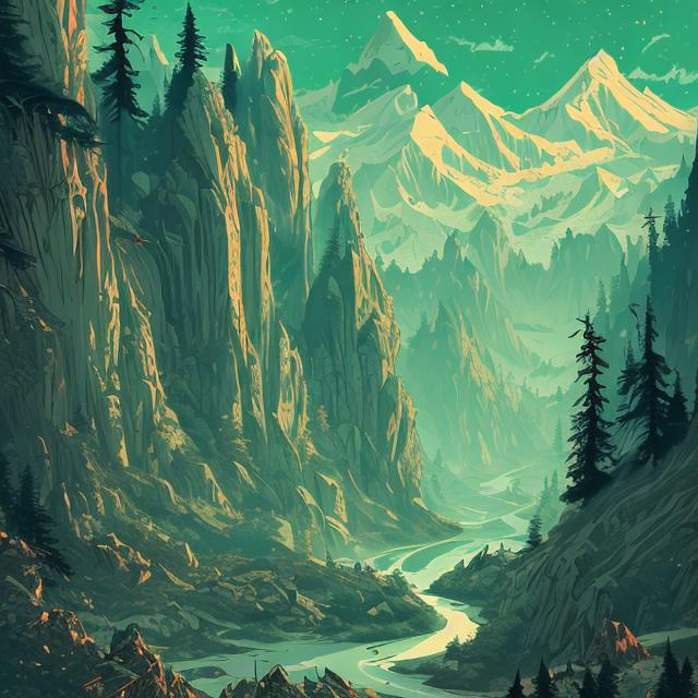 Prompt: Washington state, mountains, hyperdetailed, proportional, romantic, enchanting, achingly beautiful, graphic print, trending on art station, Gravity Falls style, lots of green