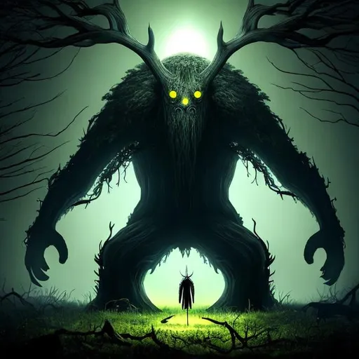 Prompt: a giant black tree monster with a circular head, antlers on the head, glowing yellow eyes, tall, slim, no mouth, in a dark foggy forest, horror  