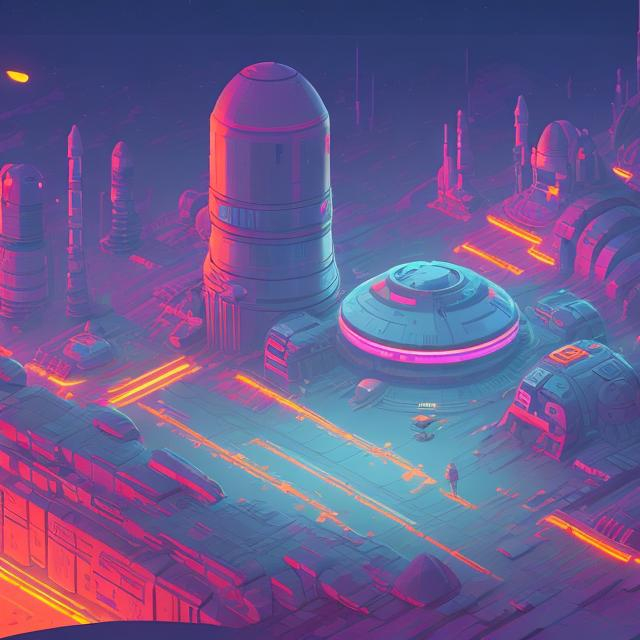 Prompt: a spaceport environment, background art, pristine concept art, small, medium, and large design elements, late night, in the style of Ralph McQuarrie, flat 2d illustration lots of neon oranges and pinks pixel art