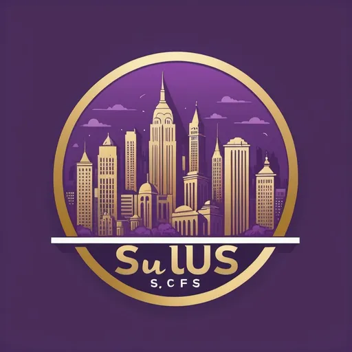 Prompt: Illustrated design of flat vintage logo with cityscape, vector, solid purple background, with white and gold lettering. Word for the logo is "S:US".
