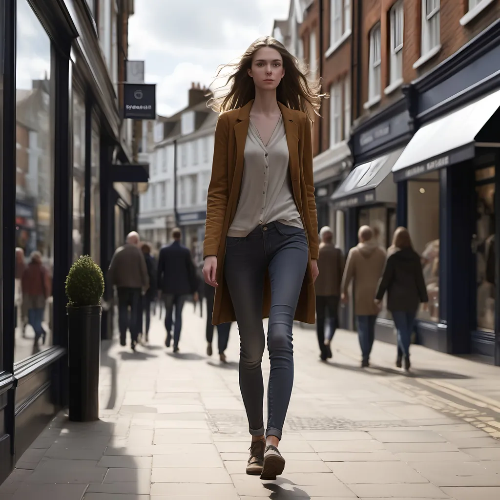 Prompt: Tall young woman walking down the high street, detailed clothing, realistic, natural lighting