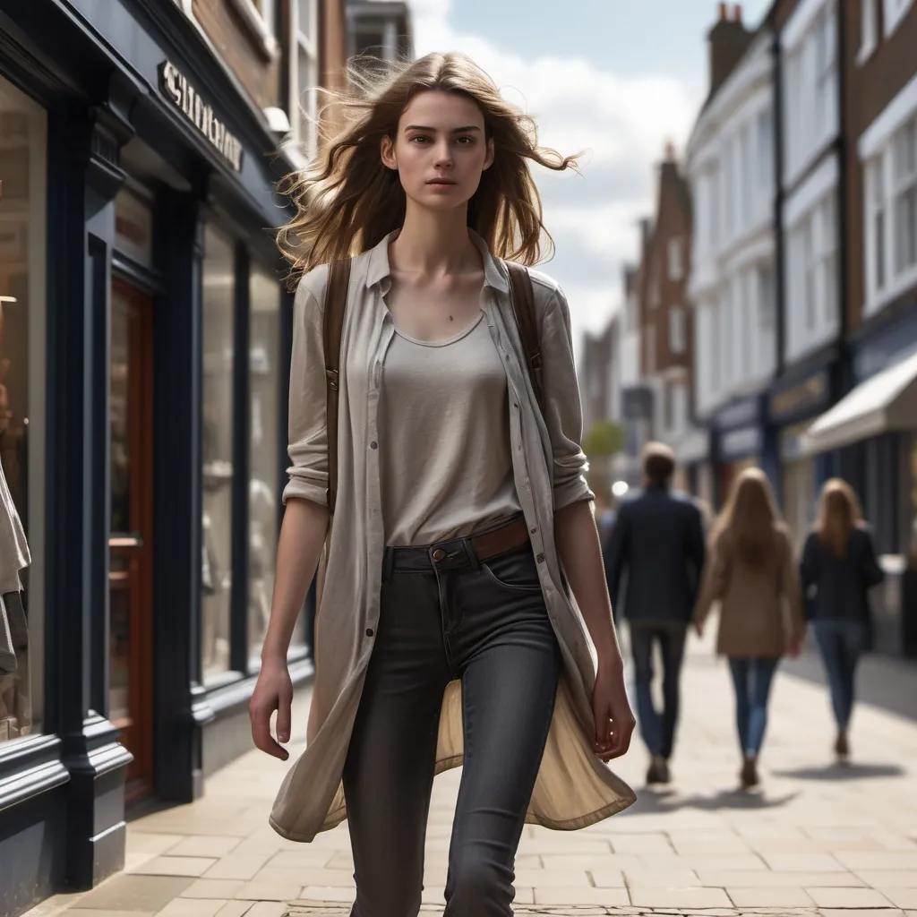 Prompt: Tall young woman walking down the high street, detailed clothing, realistic, natural lighting