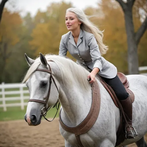 Prompt: Lady with long blond hair riding a grey dapple Arabian, horse.
