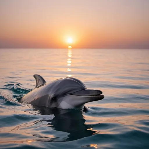 Prompt: dolphin looking at the sunrise on sea surface

