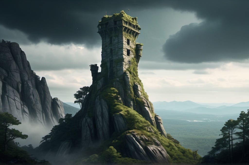 Prompt: Tall mossy tower that is a part of a mountain range, stone mountain, dramatic fantasy tower scene, cinematic lighting