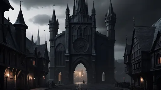 Prompt: Dark, gothic, medieval fantasy city, matte black, 8k