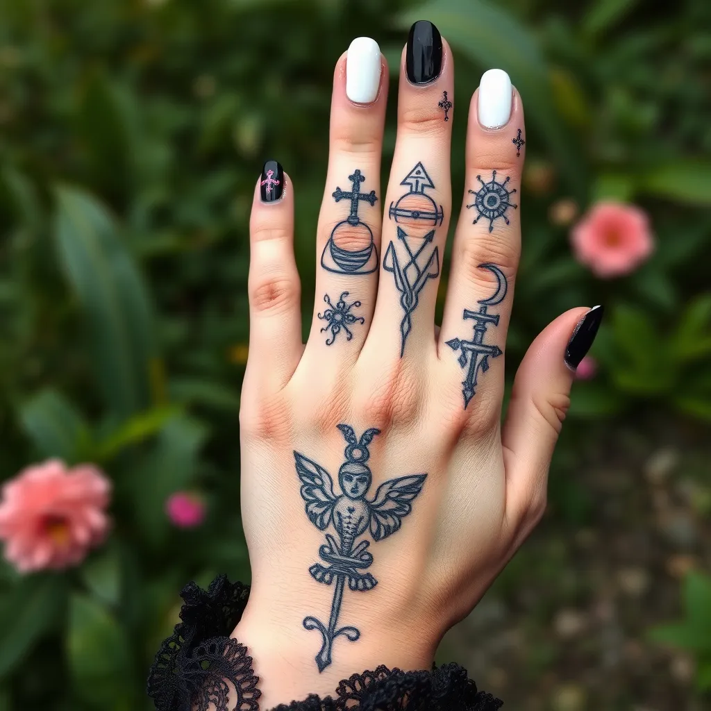 Prompt: Woman finger tattoos, witchcraft symbols, elegant fingers, painted nails