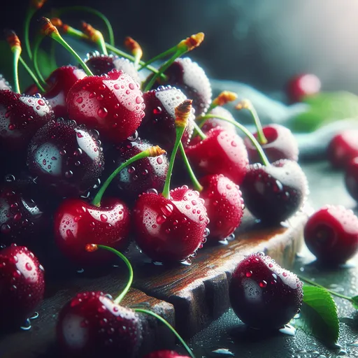 Prompt: Succulent juicy cherries, glistening water droplets accentuating dark red skin, plain soft-focus, vibrant colors, fresh and inviting ambiance, sensual