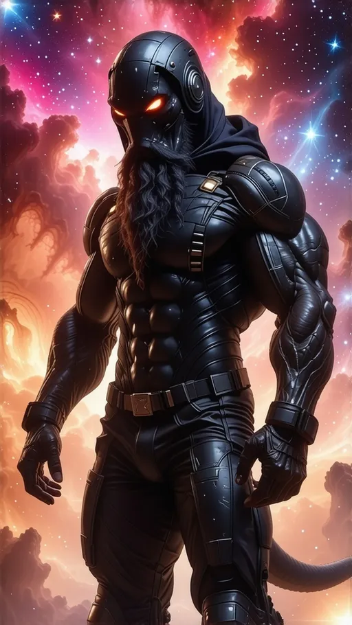 Prompt: (Humanoid space monster), muscular physique, (bad boy) appearance, detailed beard, elaborate head covering, long tail, striking pose, (space station background), vibrant stars twinkling in the distance, dramatic lighting casting strong shadows, atmospheric and mysterious ambiance, ultra-detailed, high quality, showcasing a dynamic interaction with the cosmos surrounding.