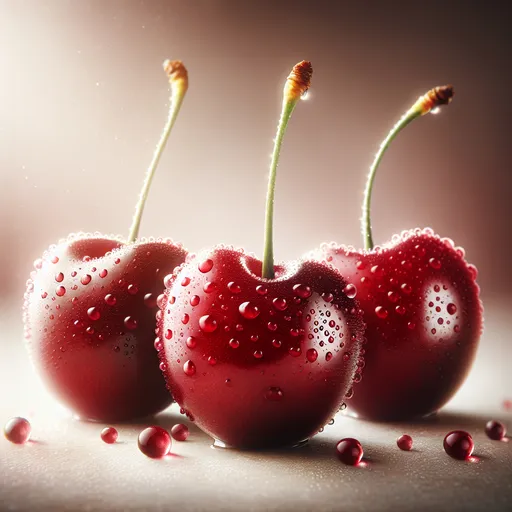 Prompt: 3 Succulent juicy cherries, glistening water droplets accentuating dark red skin, plain soft-focus, vibrant colors, fresh and inviting ambiance, sensual