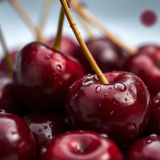 Prompt: (ultra-detailed image) succulent juicy cherries, glistening water droplets accentuating dark red skin, plain soft-focus background, high depth of field, vibrant colors, fresh and inviting ambiance, sensual