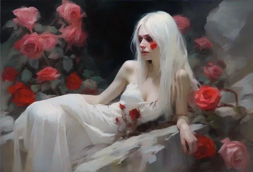 Prompt: oil paint full body and head woman young, long white hair, red glooming eyes, black sclera, pale skin, sharp face features, slim waist, white transparent dress, dress stretched around upper body, sitting on white stone, roses growing around woman, beautiful face, legs crossed, sitting, Visible strokes, rough edges, vibrant colors, dramatic lighting, dark dramatic backdrop, 