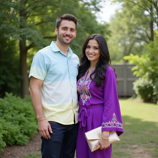 Prompt: Standing together in a lush, green outdoor setting, a couple exudes a sense of warmth and connection. The man wears a light tie-dye shirt with shades of blue and yellow, paired with dark jeans, his expression composed yet tender as he stands close to his partner. The woman is dressed in a vibrant purple ensemble adorned with floral embroidery, her long dark hair cascading gently around her shoulders, and she holds a clutch while gazing at the camera with a soft smile. The backdrop features a mix of greenery and trees, suggesting a sunny day that enhances the cheerful atmosphere, capturing a moment that feels both intimate and joyful. The natural lighting highlights the vivid colors of their outfits, creating a harmonious blend of style and emotion.