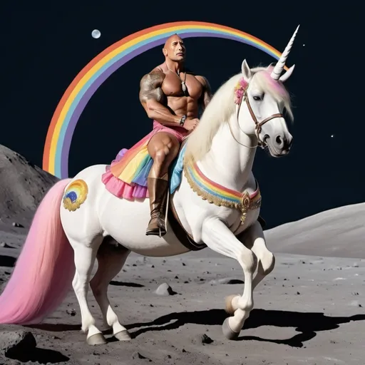 Prompt: the rock riding a unicorn on a rainbow on the moon wearing a queen dress
 
