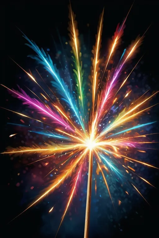 Prompt: Vibrant digital artwork of a mesmerizing sparkler, striking colors, dynamic movement, high-quality detail, digital painting, intense brightness, vibrant sparks, energetic swirls, colorful burst, celebratory atmosphere, best quality, highres, ultra-detailed, digital art, vibrant colors, dynamic movement, celebratory, energetic, intense brightness