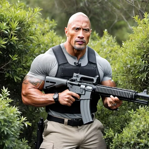 Prompt: the rock in a bush with a gun
