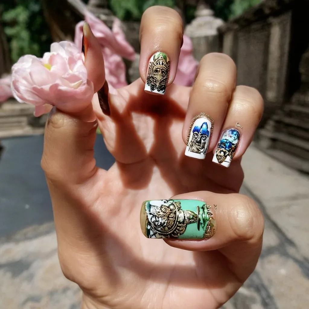 Prompt: Nail model longer and have Khmer art and Angkor wat temple