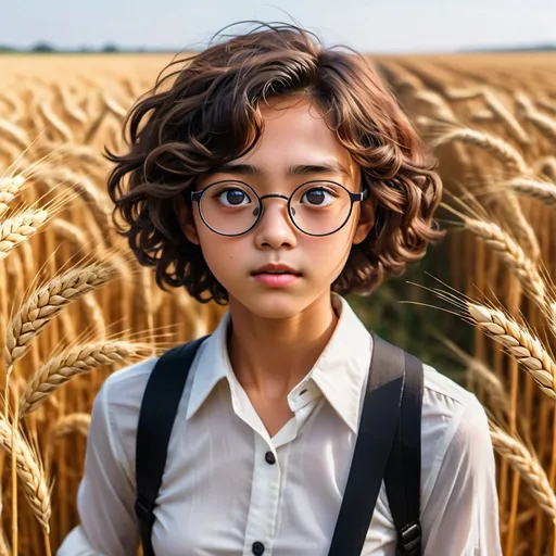 Prompt: (masterpiece), best quality, expressive eyes, perfect face, very tan, large curly brown hair, blushing, magenta eyes, very short, white dress shirt, dove wings, looks sad, full body, slight smiling, realistic style, black suspenders, feminine, black glasses with circular lenses, asian, in a large wheat field, alone, has a slight smile, raised eye brow, standing, very confused