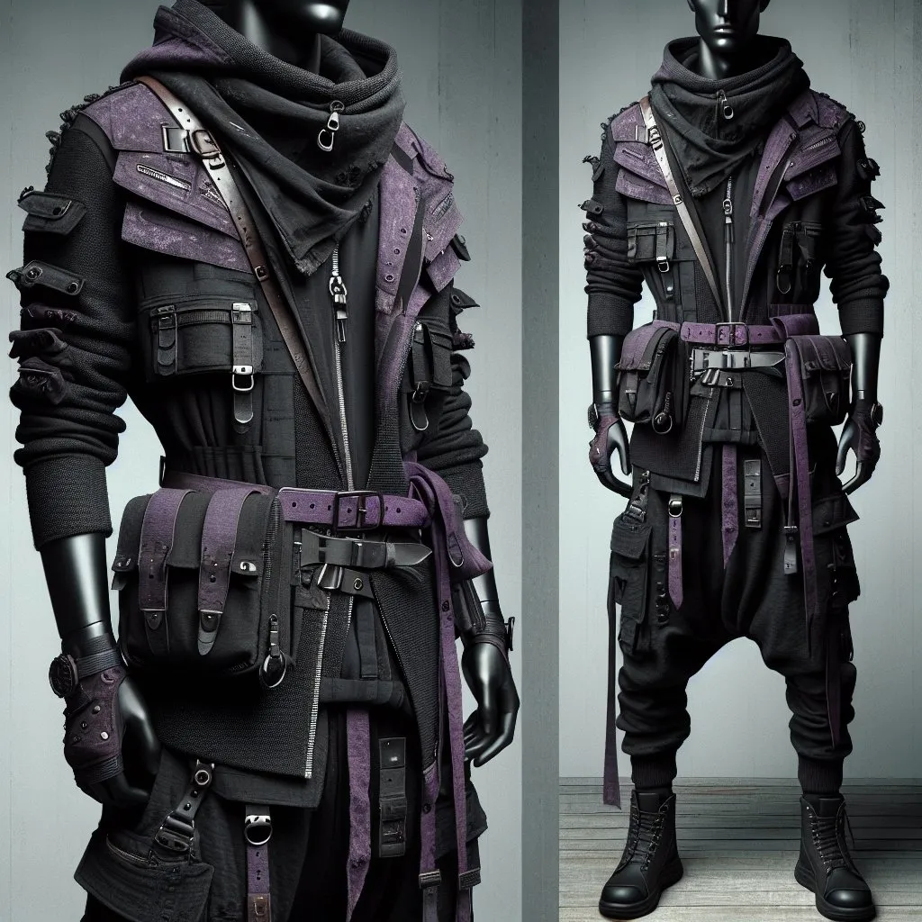 Prompt: urbanistic mans look, photorealistic, black and purple colors, with mane pockets and belts, from leather and cotton