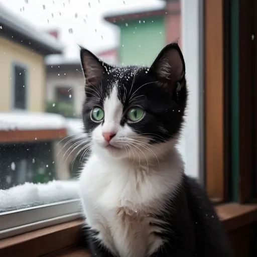 Prompt: A baby cat behind the window that it's black and white, weather in behind the window is snowing and is night. On baby cat is snow and it is cold, it has green eyes. So beautiful ,behind the window is city and The window is closed