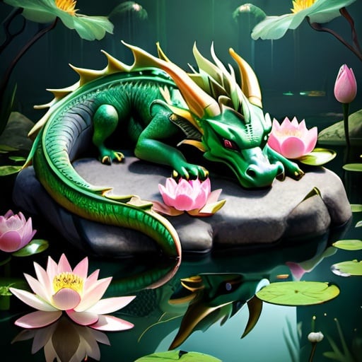 Prompt: a green dragon sleeping on a rock in the middle of an enchanted pond with lotus flowers floating on top. realistic art style.