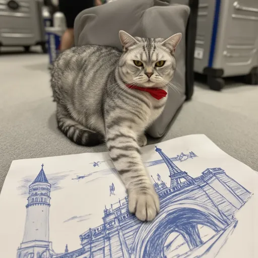 Prompt: @ksH4npTAoZPC50lmmJ3W It's a busy airport in Paris. A Suitcase sits on the floor. It opens and @ksH4npTAoZPC50lmmJ3W walks out. He has a red bow around his neck. , 