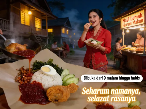 Prompt: A cinematic promotional video of “Nasi Lemak Harum Malam” set in a peaceful Malaysian village at night.
Traditional wooden kampung houses with warm yellow lights and light fog in the air.
Close-up shots of fragrant nasi lemak on brown paper packaging, with crispy fried chicken, sambal, anchovies, peanuts, cucumber slices, and egg.
Slow motion shots of chicken frying and sambal being poured.
A beautiful Malay woman wearing a red kebaya stands in the village night scene, smiling and presenting the nasi lemak to the camera.
She then takes a bite of the nasi lemak and reacts happily, showing how delicious it is.
The stall sign reads “Nasi Lemak Harum Malam”.
Villagers are seen enjoying food in the background.
Ultra-realistic, cinematic lighting, vibrant 4K food commercial style.
Add text overlay: “Dibuka dari 9 malam hingga habis”.
End with a close-up shot of the nasi lemak and glowing tagline: “Seharum namanya, selazat rasanya”.