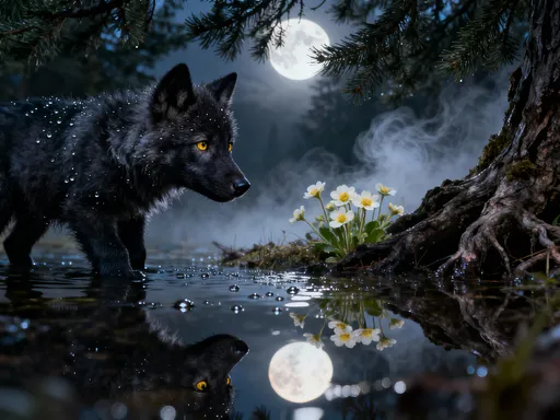 Prompt: A small black wolf cub with fluffy charcoal-gray fur and innocent golden eyes gazes in fascination at a moonlit clearing of primroses. He sees himself reflected in the dewdrops. A hyper-realistic wildlife photograph, shot from an extremely low angle on the surface of the water, silvery moonlight filtering through dense spruce branches, creating dramatic chiaroscuro lighting. Intricate details reveal individual water droplets on the fur and subtle distortions in the reflection, and mist swirling around the ancient tree roots—a symbolic depiction of transformation and destiny. 8K resolution with incredible fur texture detail, an emotional atmosphere combining wonder and melancholy.